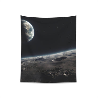 "Earthrise Cosmic Tapestry: Stunning view of Earth from space, high-quality material, perfect gift - available in 34" x 40" and 57" x 57" sizes"