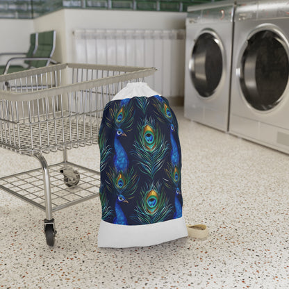 "Peacock Blue Laundry Bag with Vibrant Feather Pattern for Stylish Laundry Transport"