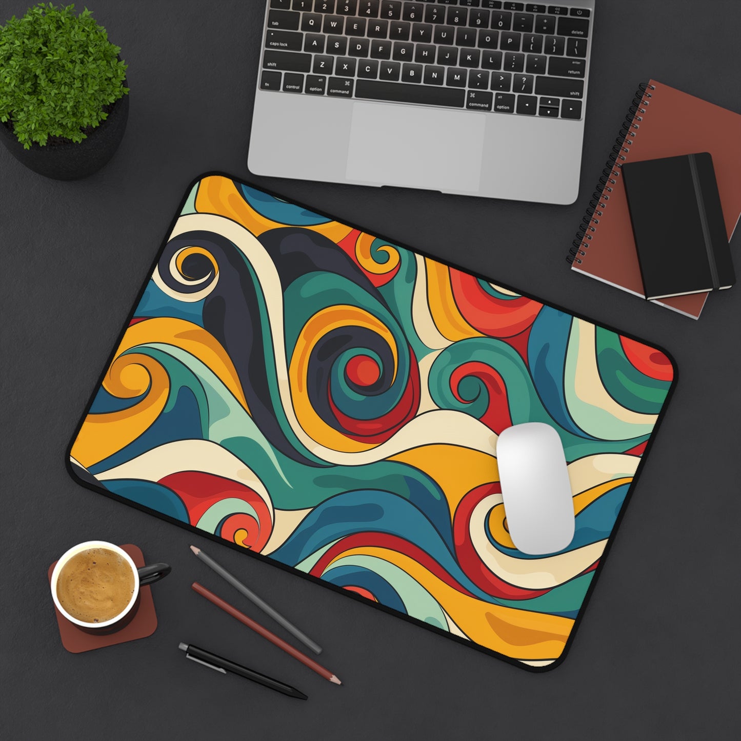 "Vibrant Retro Waves Desk Mat for Stylish Workspaces - Add Personality and Nostalgia to Your Desk with this Seamless Pattern Design"