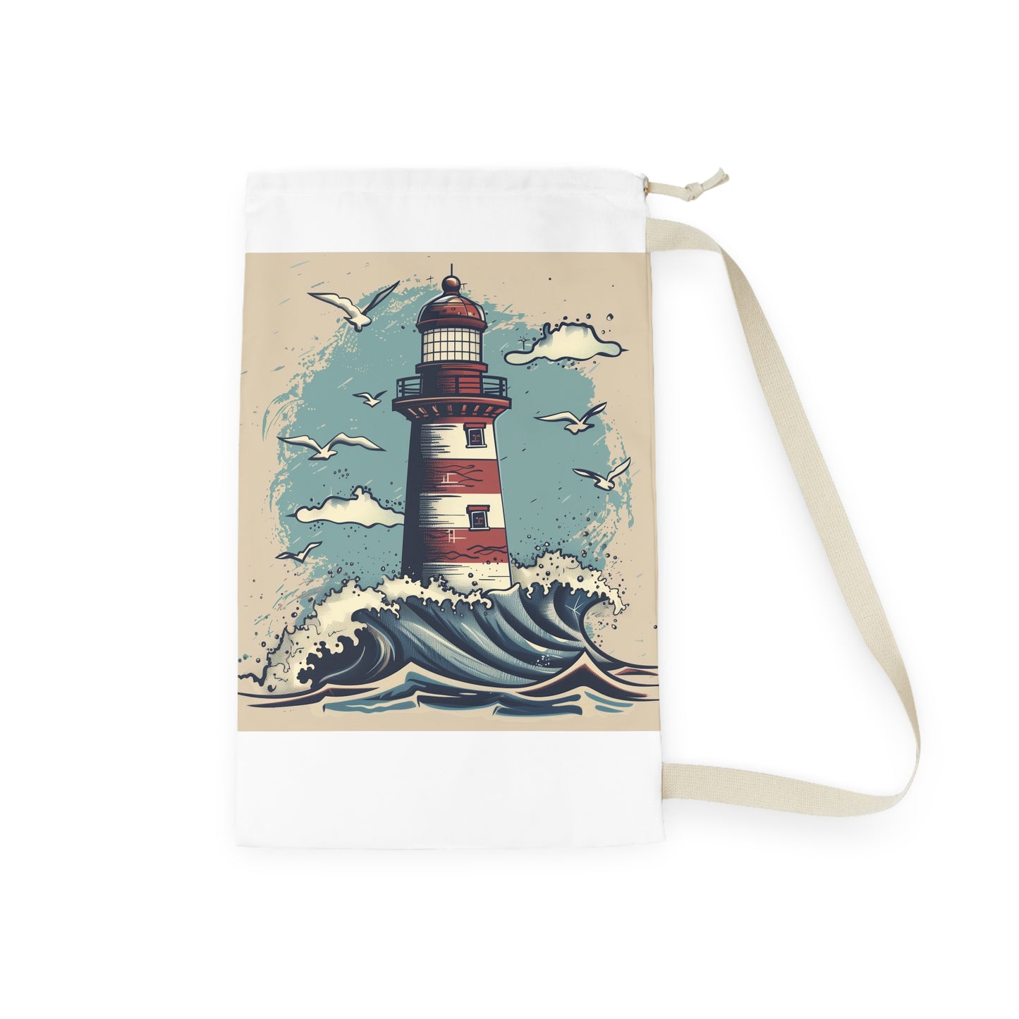 "Seaside-inspired Lighthouse Wave Laundry Bag for stylish dirty clothes storage"