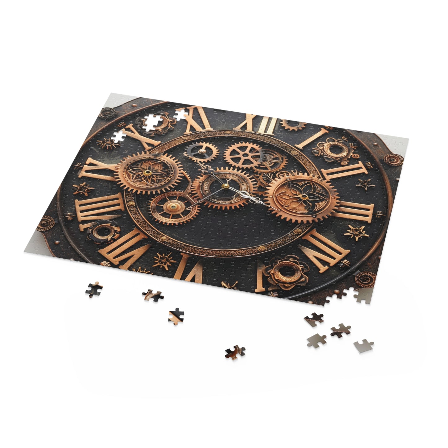 "Steampunk Gear Clock Puzzle - Dive into intricate gears and cogs for a mesmerizing jigsaw challenge"