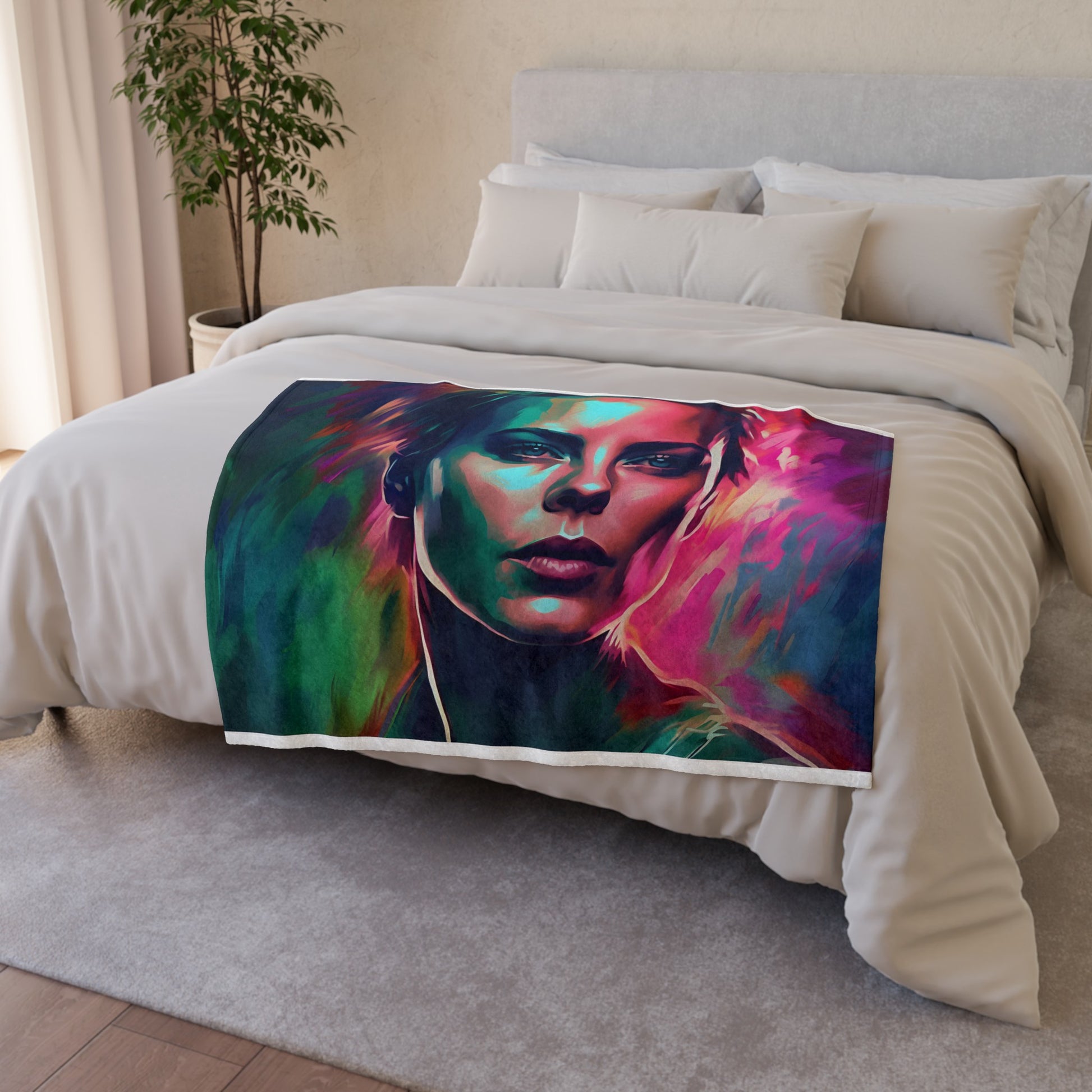 Elevate your space with the Neon Charisma Blanket: A Watercolor Tribute to Breitling Charlize Theron. This stunning blanket pays homage to Charlize Theron with bold neon hues and captivating watercolor art. Add a touch of Hollywood glamour and artistic flair to your home decor with this mesmerizing portrait that exudes strength and grace.