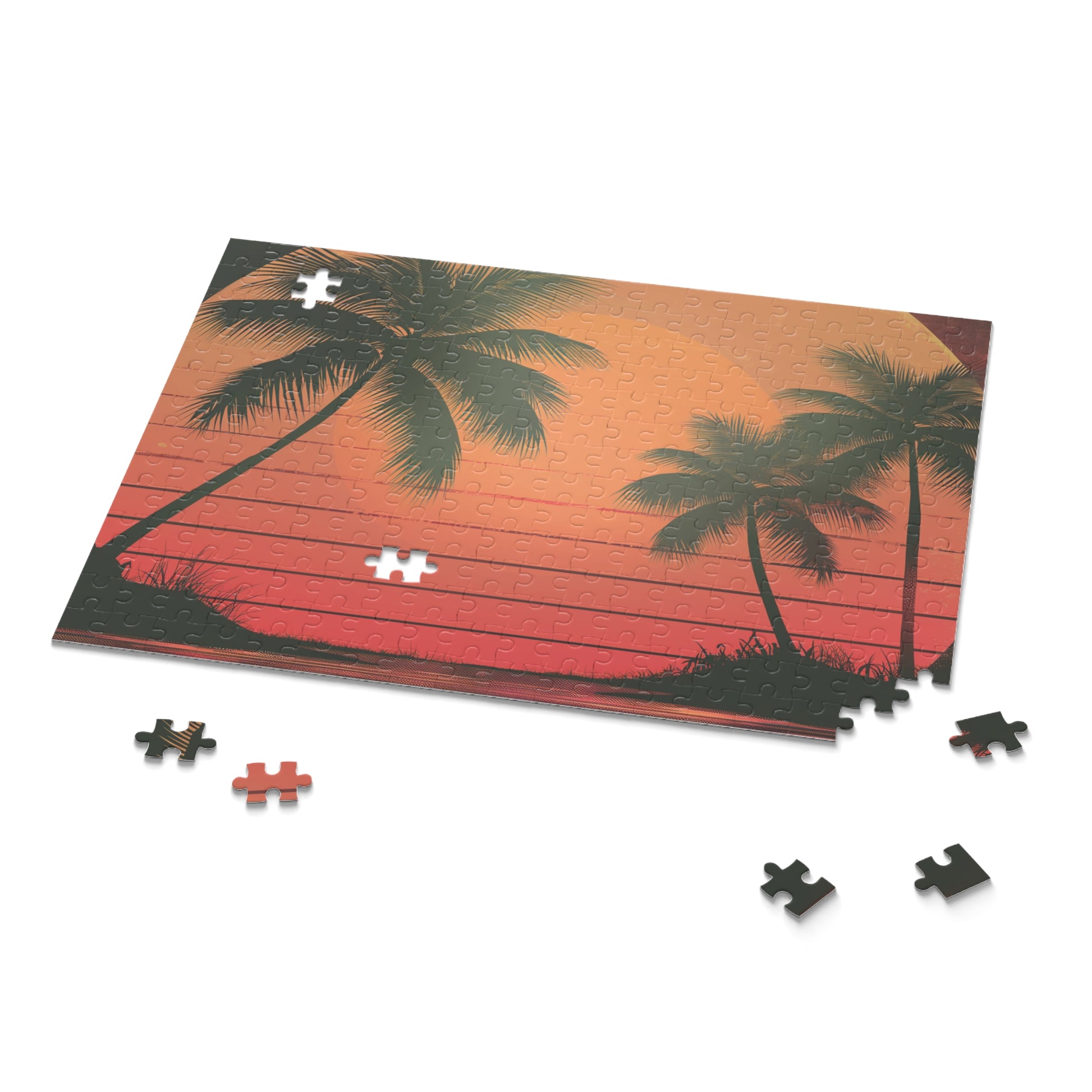 "Tranquil Palm Tree Sunset Jigsaw Puzzle for Relaxation – Challenging & Retro Scene"