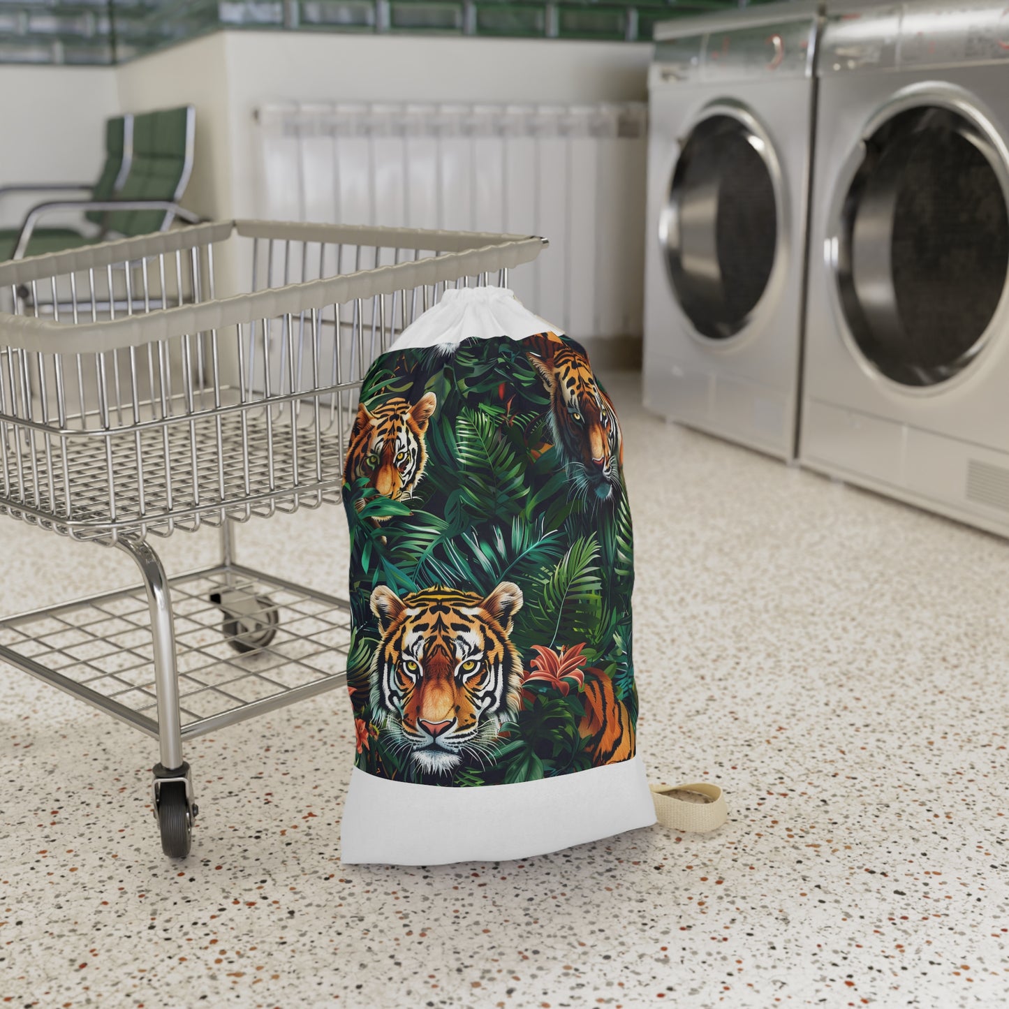 "Jungle Safari Tiger Laundry Bag - Stylish way to transport clothes with seamless jungle pattern and majestic tigers"