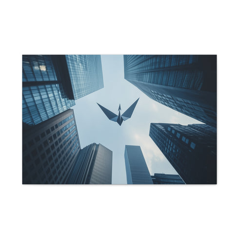 Paper Crane Soaring Above Skyscrapers (Edition II) — Canvas Wall Art — Living Room Wall Lifestyle View