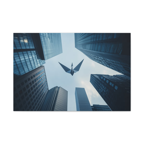 Paper Crane Soaring Above Skyscrapers (Edition II) — Canvas Wall Art — Living Room Wall Lifestyle View