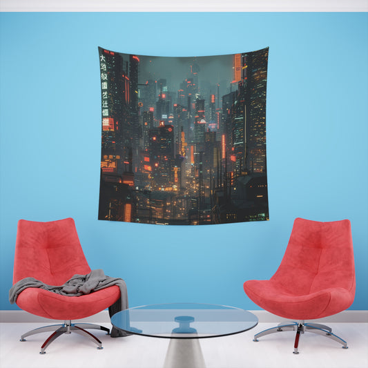 Future City: A Cyberpunk Tapestry | Wall Tapestry | All Over Print, AOP, Decor, Halloween, Home & Living, Home Decor, Indoor, Spring Essentials, Sublimation, Tapestry | Prints with Passion