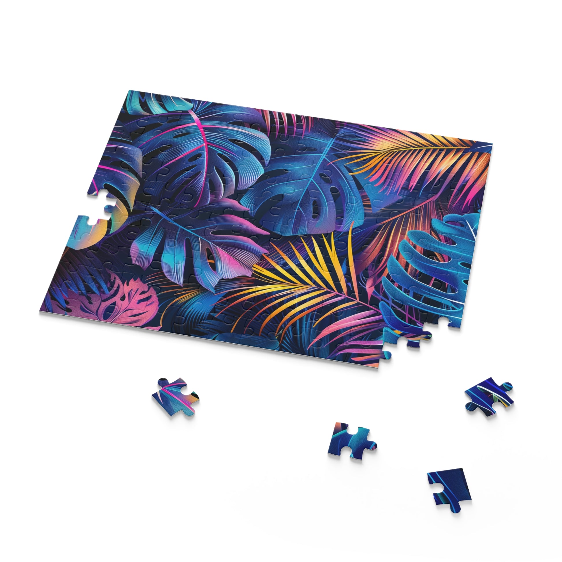 "Neon Jungle Jigsaw Puzzle - Relax with vibrant tropical leaves and palm trees, perfect for unwinding"