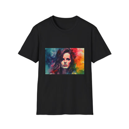 Enigmatic Beauty in Vibrant Hues | T-Shirt | bold prints, celebrity style, fashion forward, kate beckinsale, movie stars, neon colors, statement fashion, unique design, vibrant hues, watercolor art | Prints with Passion