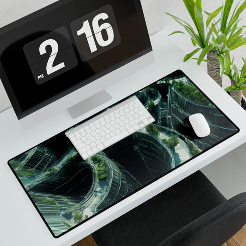 Glass Maze Growing Through Skyscrapers — XL & XXL Desk Mat — 3mm Non-Slip Natural Rubber Base Detail