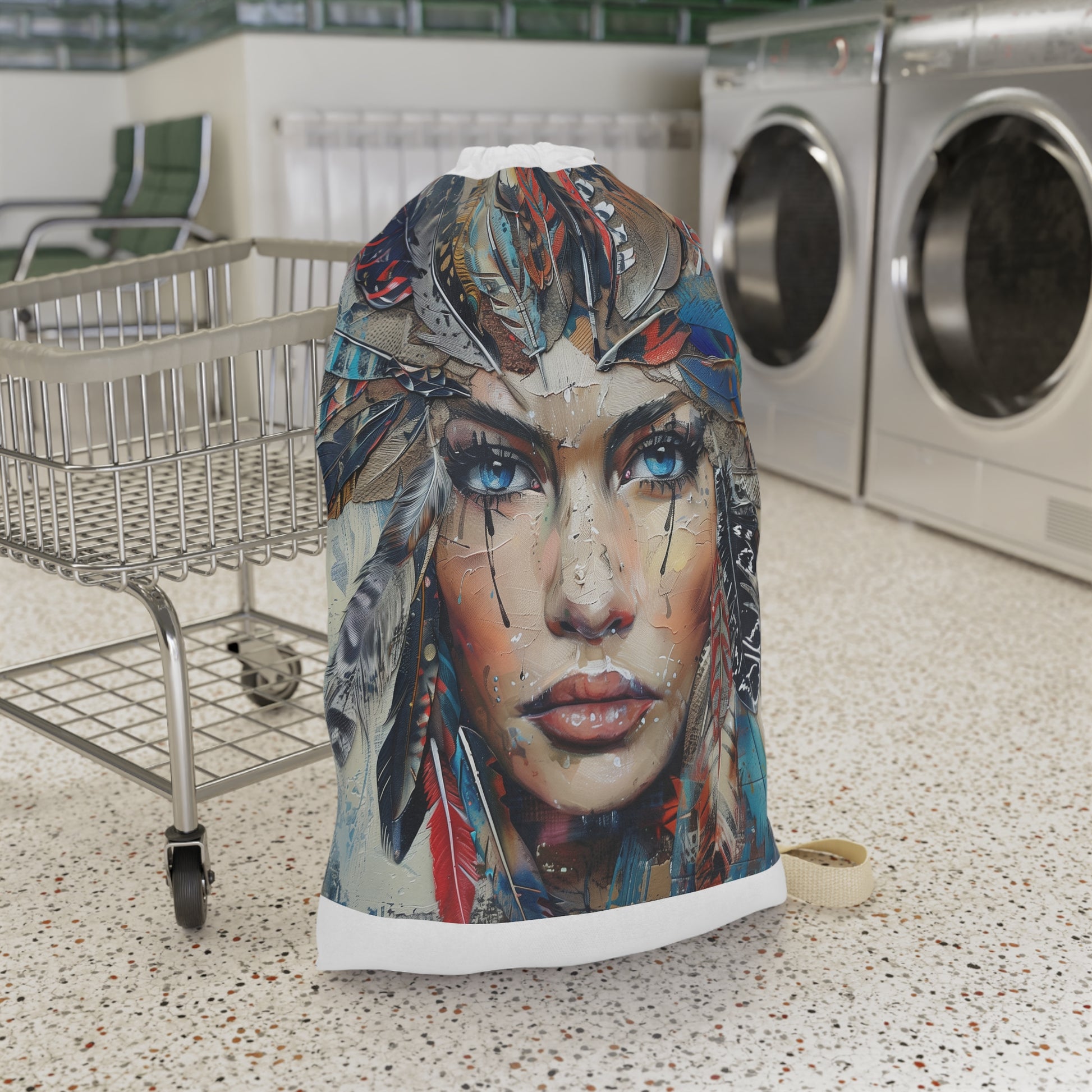 Bohemian feather laundry bag with chic design for stylish laundry routine.