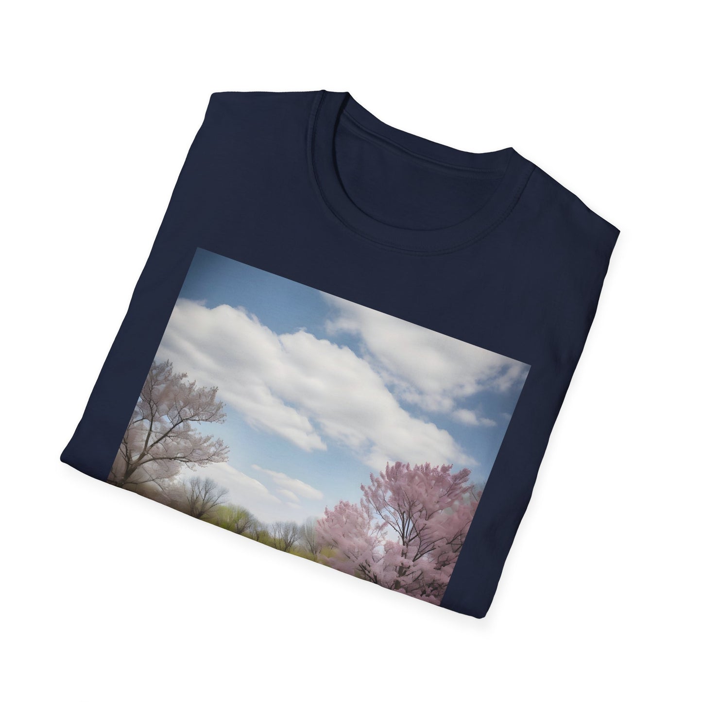 Alt text: A Canvas of Joy in Nature's Embrace T-shirt featuring a vibrant suburban park scene with spring blooms, families, and sunshine, evoking feelings of warmth, laughter, and connection with loved ones and nature.