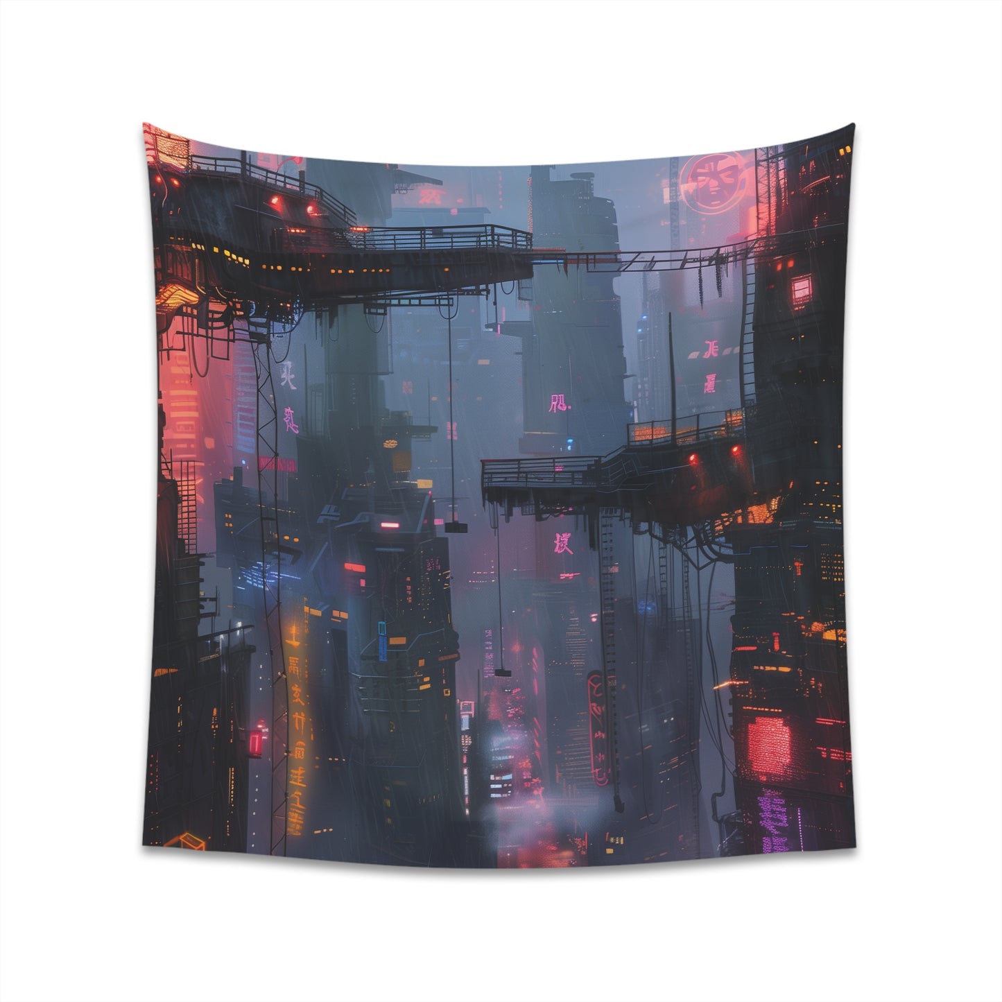 "Neon Cyberpunk City Tapestry: Futuristic urban landscape in high-quality material, perfect for all seasons. Ideal gift for dystopian world fans. Available in 34"x40" and 57"x57" sizes."