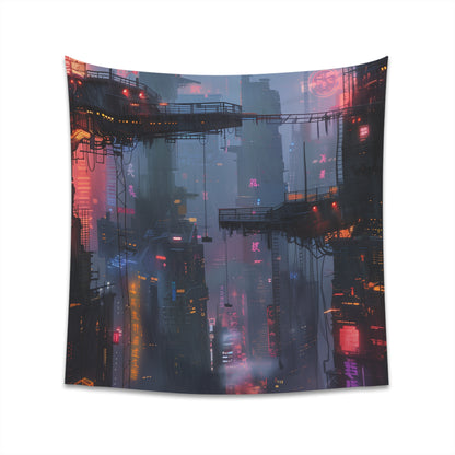 "Neon Cyberpunk City Tapestry: Futuristic urban landscape in high-quality material, perfect for all seasons. Ideal gift for dystopian world fans. Available in 34"x40" and 57"x57" sizes."