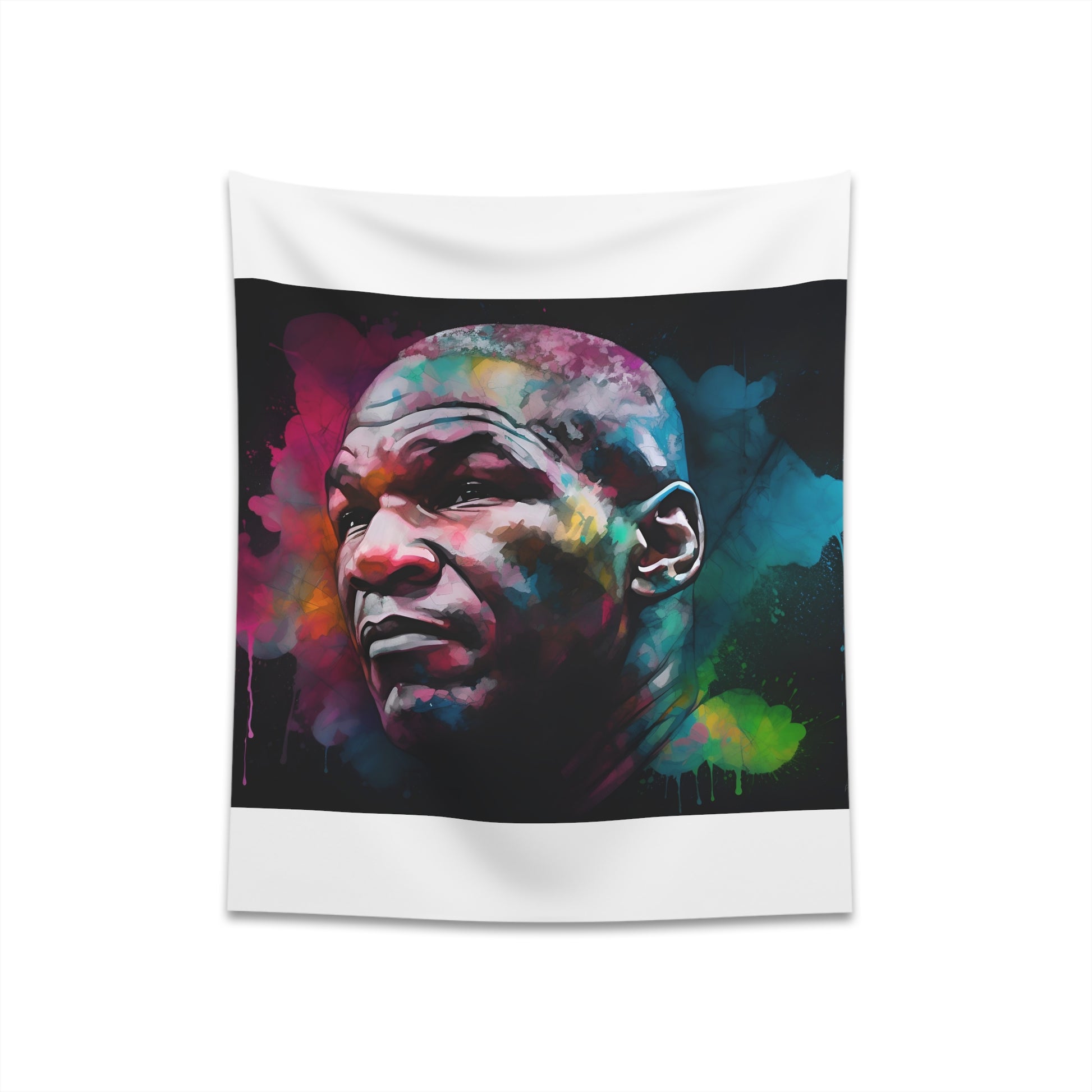 Watercolor tapestry of Mike Tyson in neon colors, perfect for boxing fans. High-quality material, great gift idea.