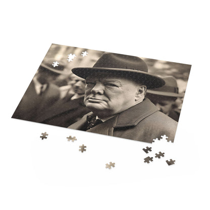 "Churchill's WW2 London Puzzle depicting Winston Churchill leading London through dark times"