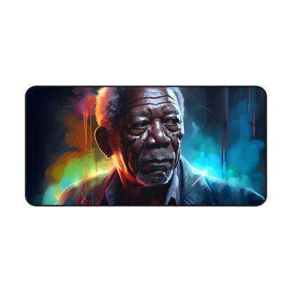 "Neon Freeman Desk Mat - Vibrant Morgan Freeman face in watercolor design to elevate desk decor"