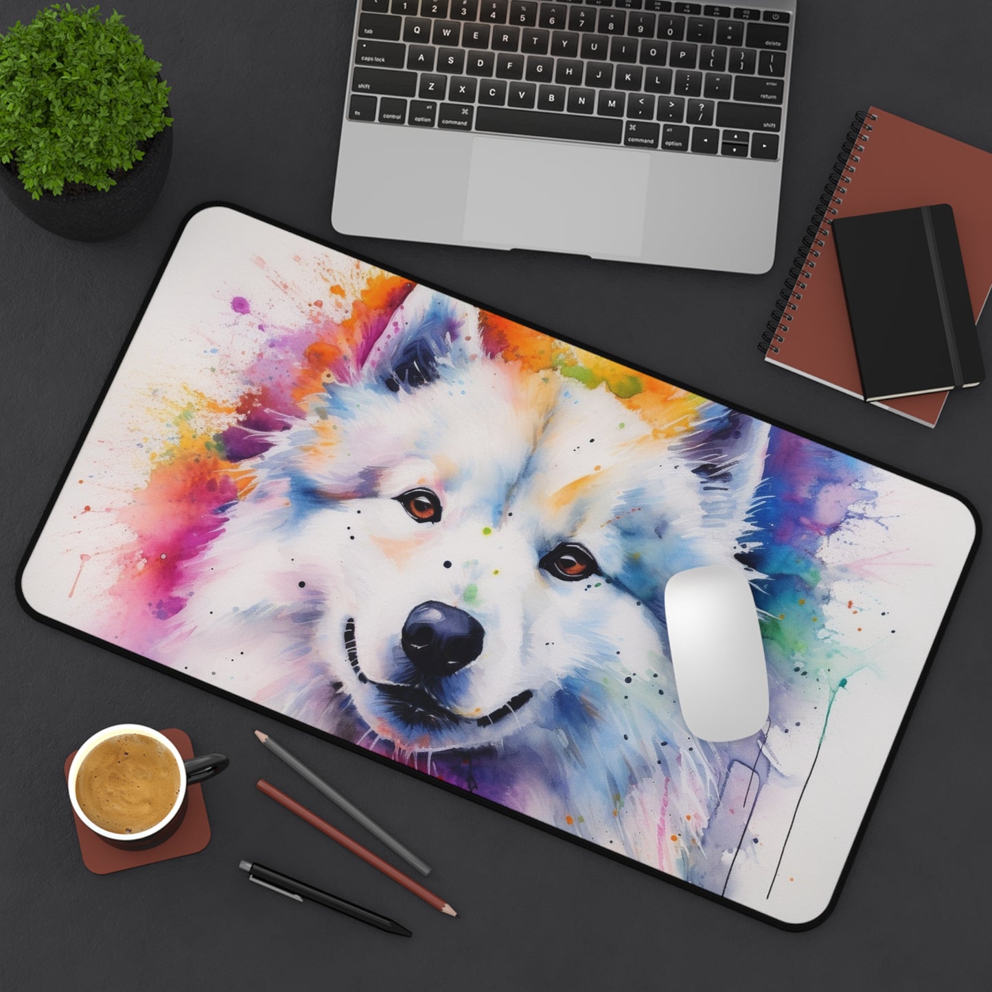 "Adorable Samoyed puppy desk mat, ideal for protecting your workspace with fluffy charm"