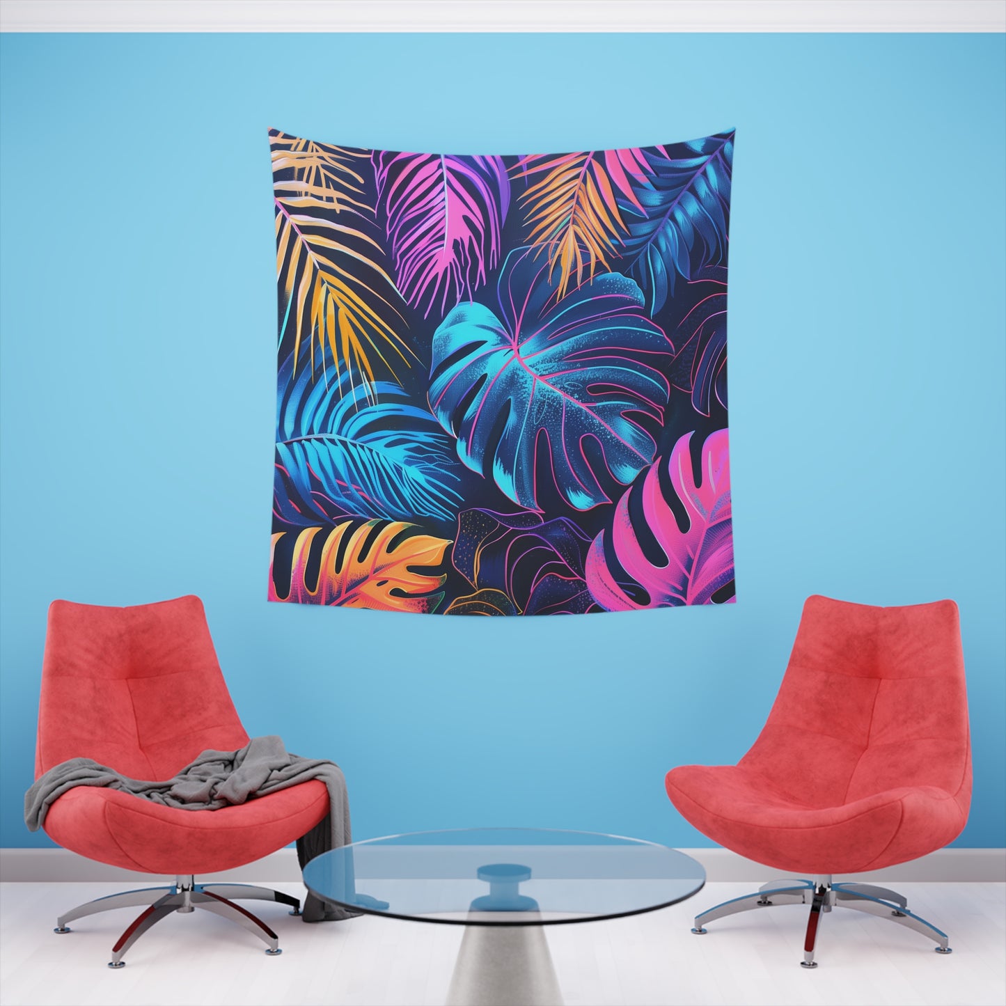 Neon Oasis: A Tropical Paradise Tapestry | Wall Tapestry | All Over Print, AOP, Decor, Halloween, Home & Living, Home Decor, Indoor, Spring Essentials, Sublimation, Tapestry | Prints with Passion