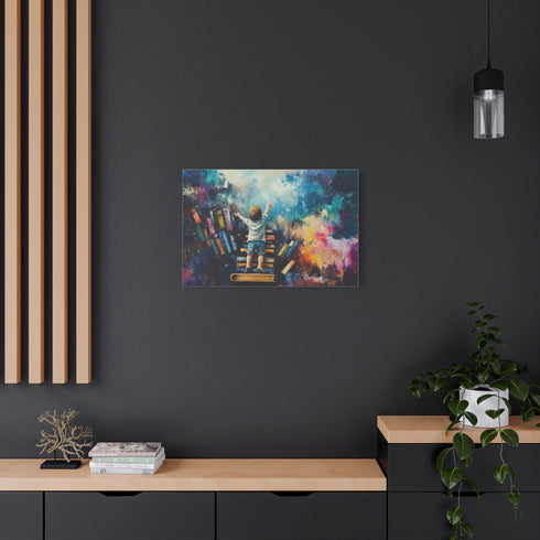 A Curious Child Reaching for the Stars with Books Stretched Canvas Wall Art