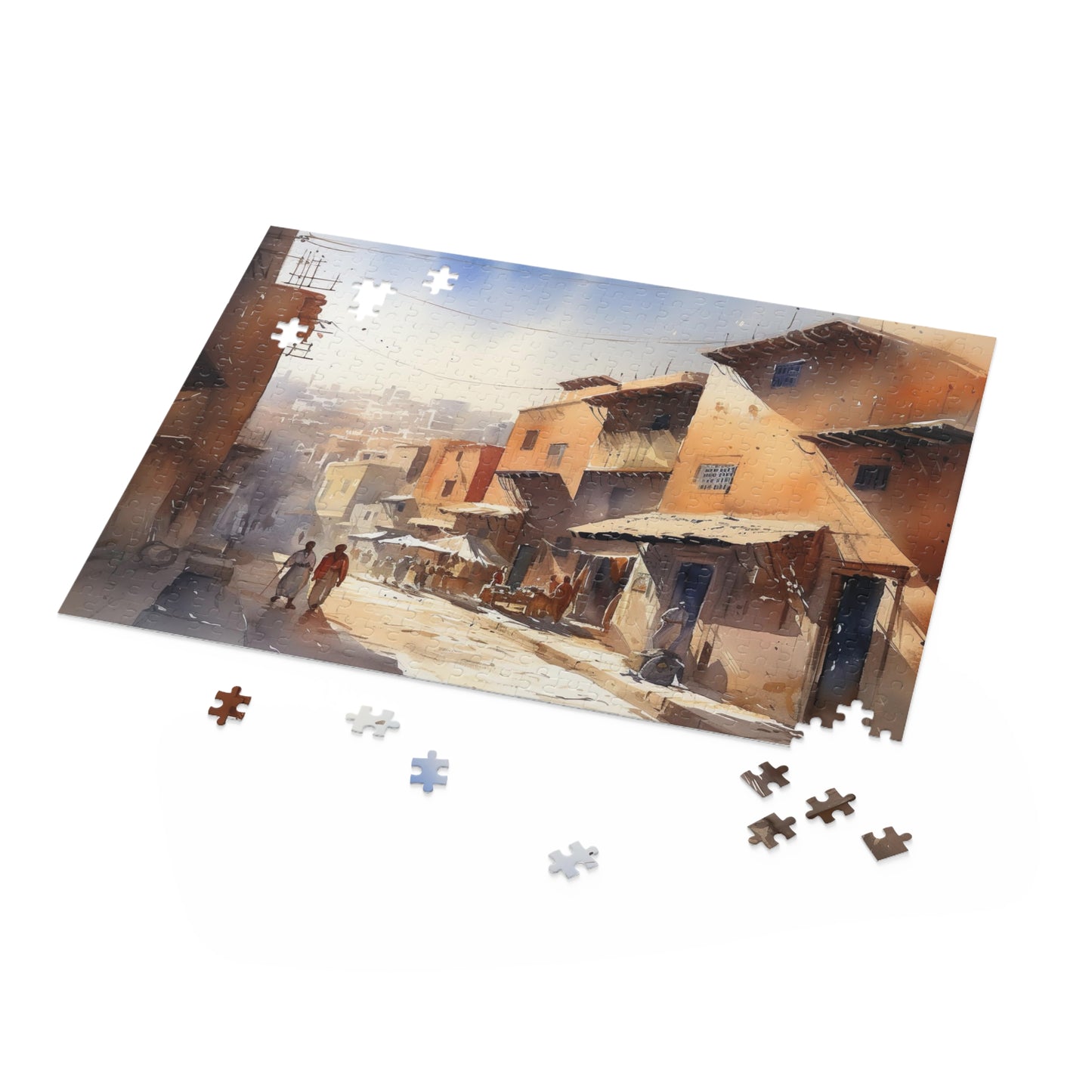 "Magical Marrakesh jigsaw puzzle showcasing vibrant marketplace scenes in Morocco for relaxing puzzling afternoon"