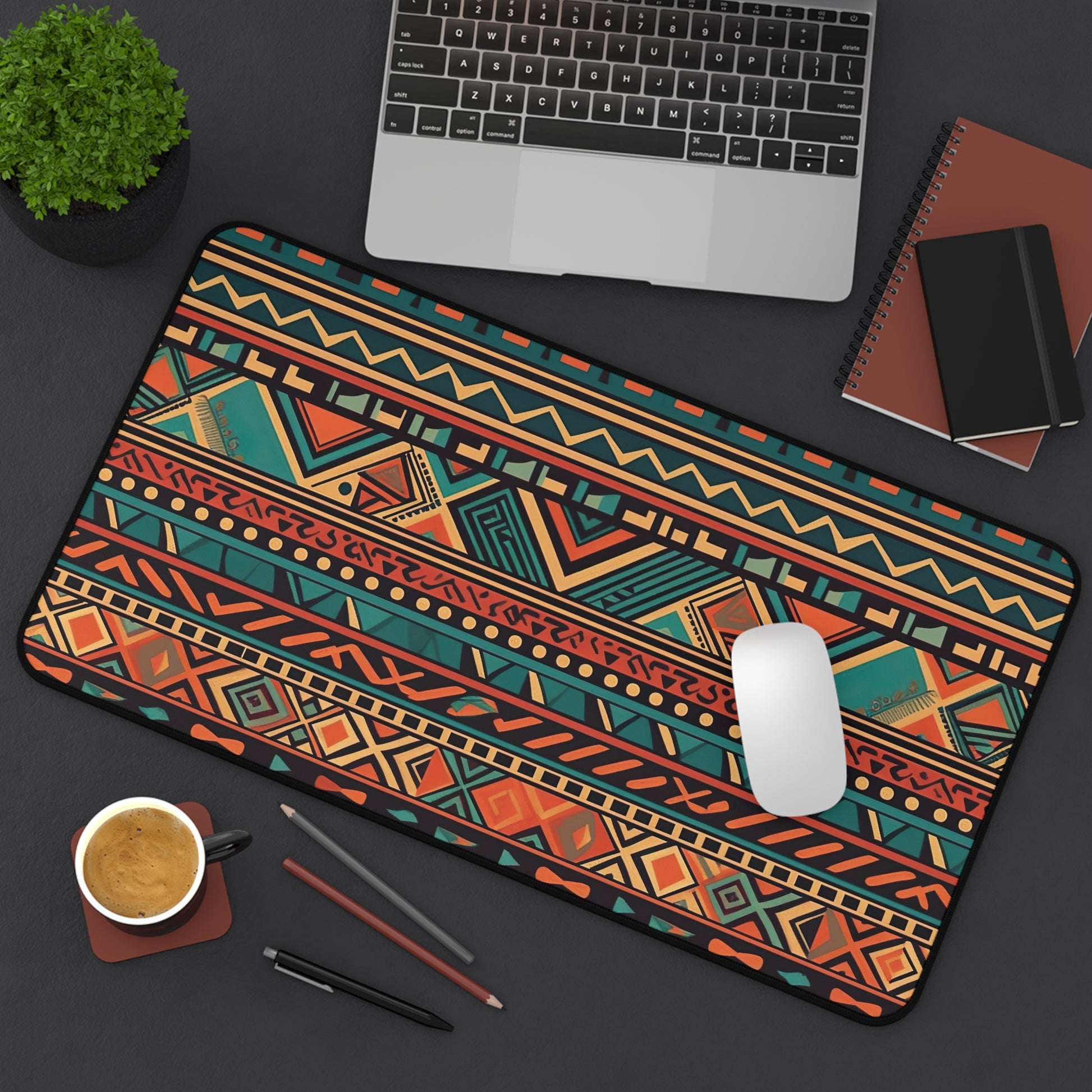 "Bohemian Aztec Desk Mat - Vibrant earth tone pattern for stylish office decor"