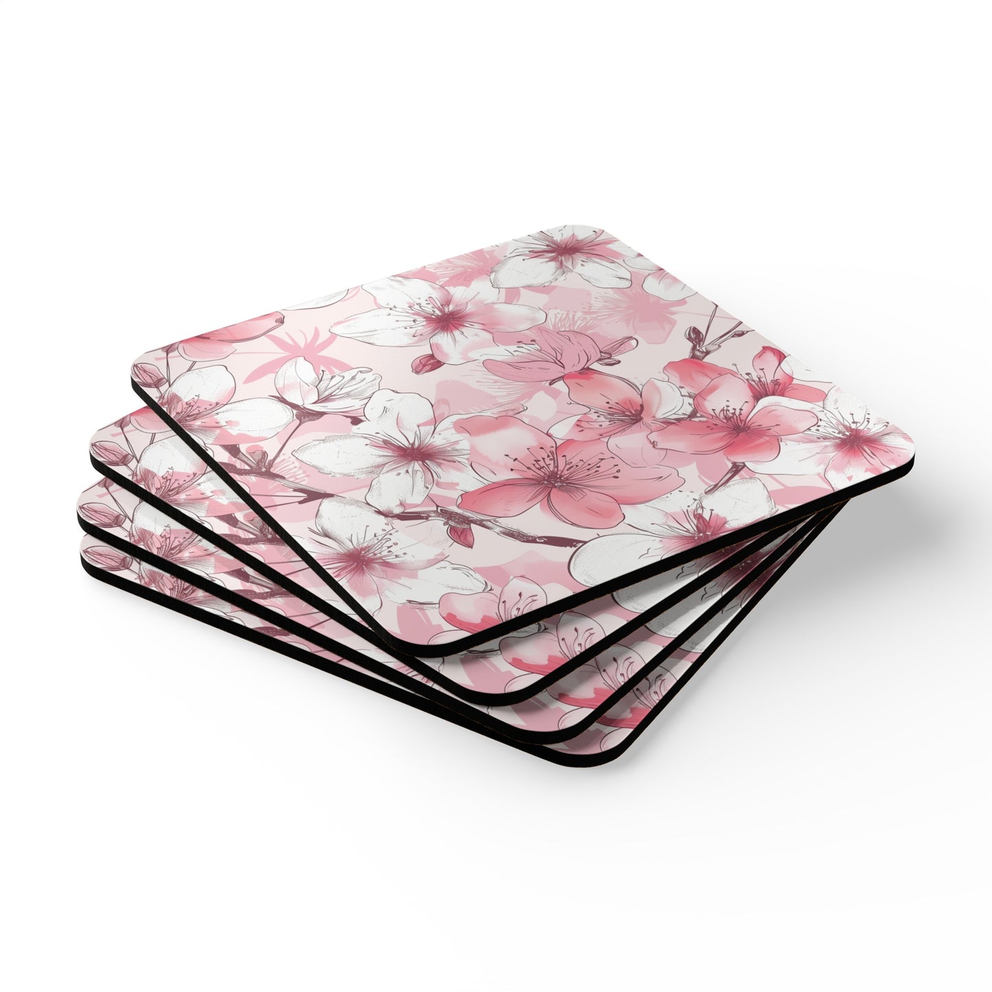 Cherry Blossom Corkwood Coaster Set: Elegant & EcoFriendly