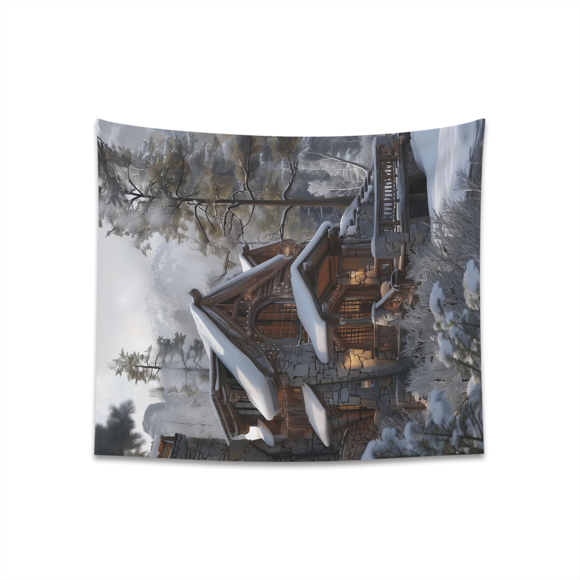 Rustic Mountain Hideaway Tapestry: Cozy cabin in serene landscape, high-quality material. Perfect for all seasons. Great gift idea.