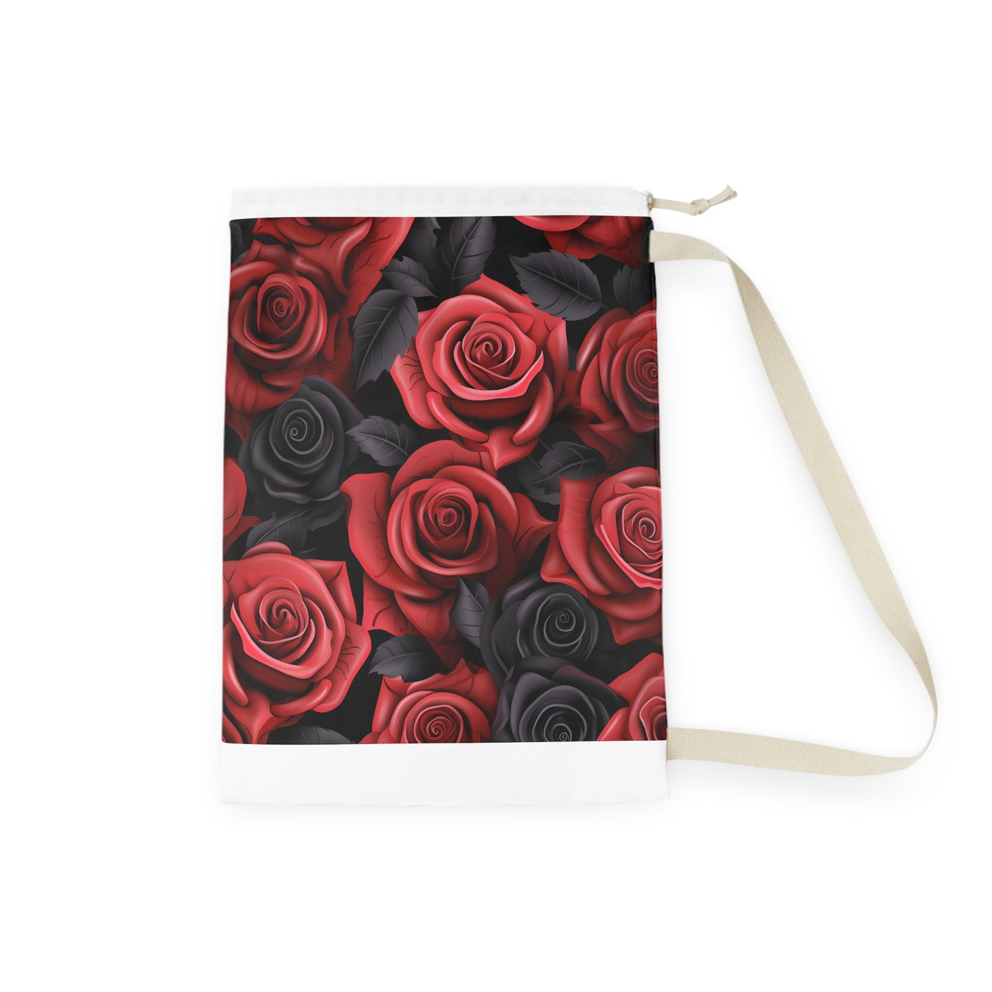 "Rose Blossom Laundry Bag - Elegant floral print laundry bag with red, pink, and black roses, keeping laundry organized in style."