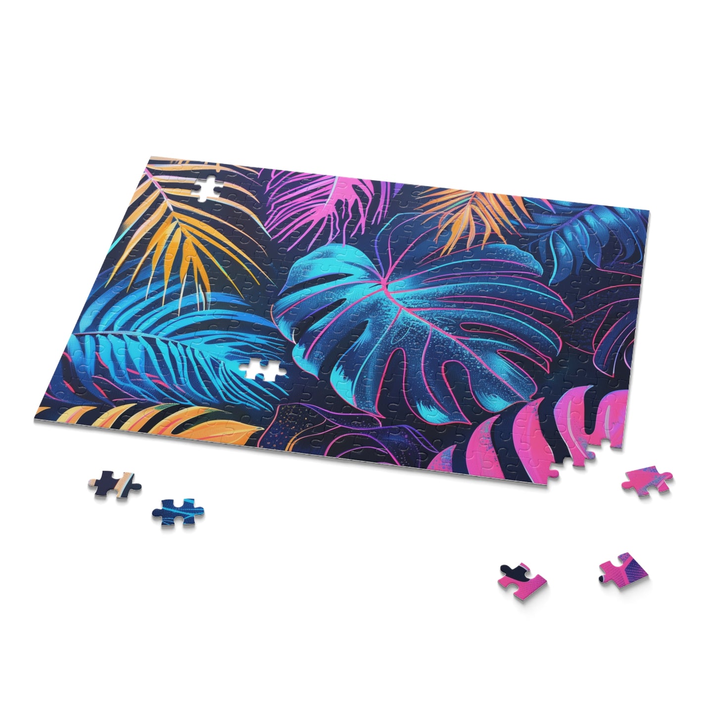 "Neon tropical leaves and palm trees jigsaw puzzle for a relaxing evening at home"