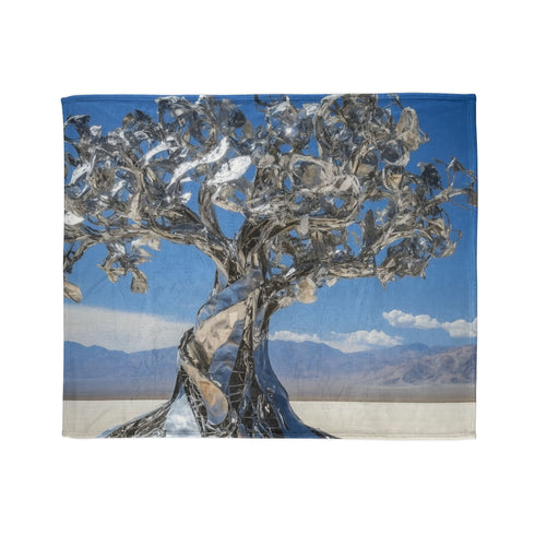 Mechanical Tree in Metallic Desert — Plush Fleece Throw Blanket — Draped Over Sofa & Bed Lifestyle View