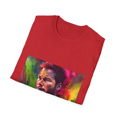 "Chris Pratt's 'Adventurous Spirit in Neon Hues' T-shirt featuring vibrant watercolor design, embodying the call of the wild and unwavering optimism. Perfect for embracing life's adventures and staying true to yourself."