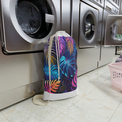 Neon Tropical Leaves Laundry Bag - Vibrant laundry bag with palm trees, elevate your laundry routine with a touch of paradise.