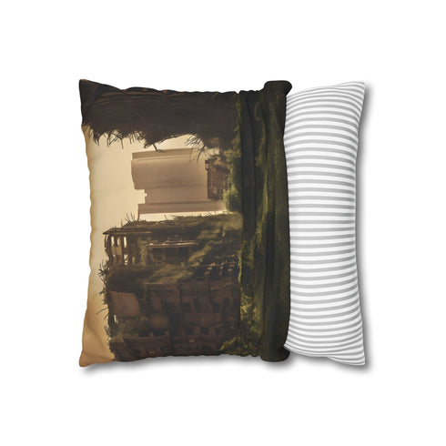 Ruined City Twisted Skyscrapers Eerie Glow — 40×40 Cushion Cover — Soft Brushed Fabric Texture Close-Up