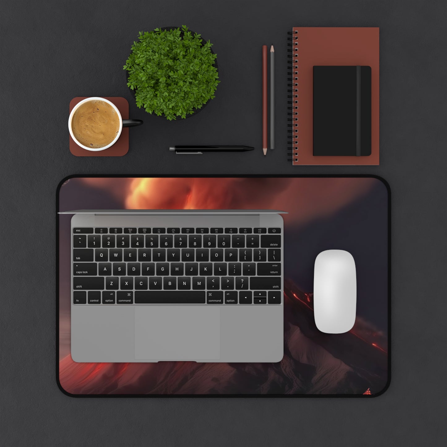 "Transform your workspace with vibrant volcano desk mat cover"