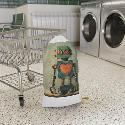 "Retro Robot Love Laundry Bag - Stylish heart symbol design for organized laundry"