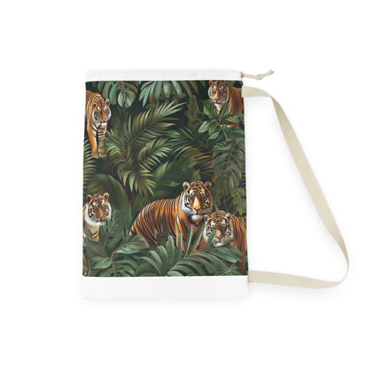 "Jungle Safari Tiger Laundry Bag - Explore the wild with tiger-filled jungle pattern, adding adventure to laundry."