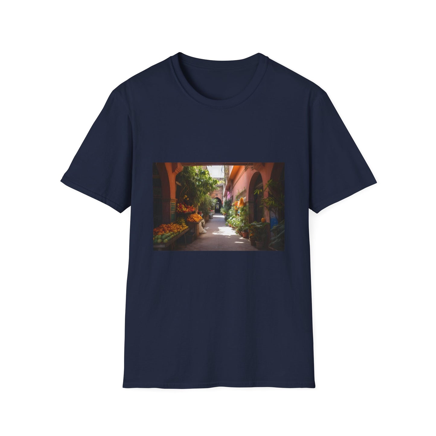 Alt text: "A Tapestry of Colors in Marrakech's Heart T-shirt featuring vibrant design inspired by the bustling markets and lush gardens of Marrakech, capturing the essence of Morocco's cultural diversity and timeless allure."