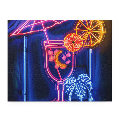 "Colorful tropical cocktail neon sign puzzle for a vibrant escape"