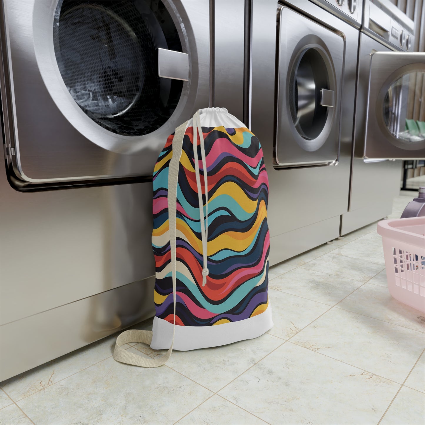 Colorful Retro Waves Laundry Bag - Stylish laundry accessory with vibrant pattern for a fun pop of color