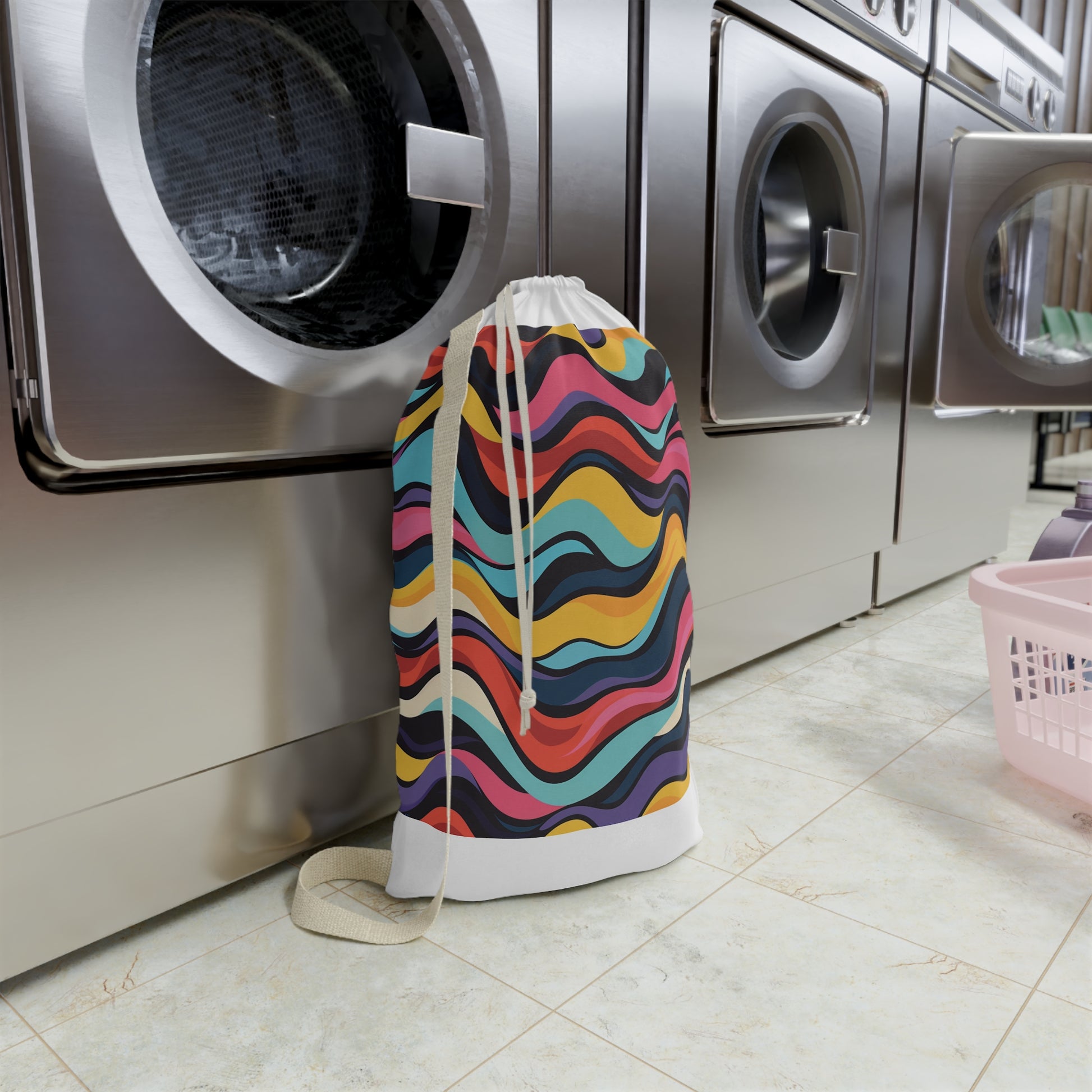 Colorful Retro Waves Laundry Bag - Stylish laundry accessory with vibrant pattern for a fun pop of color