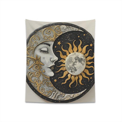 "Embrace celestial harmony with Sun and Moon Mandala Tapestry, perfect for all seasons | Celestial Balance"