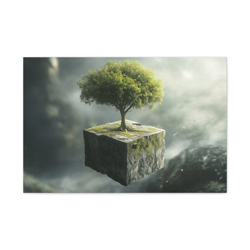 Tree Growing from a Floating Cube — Canvas Wall Art — Living Room Wall Lifestyle View