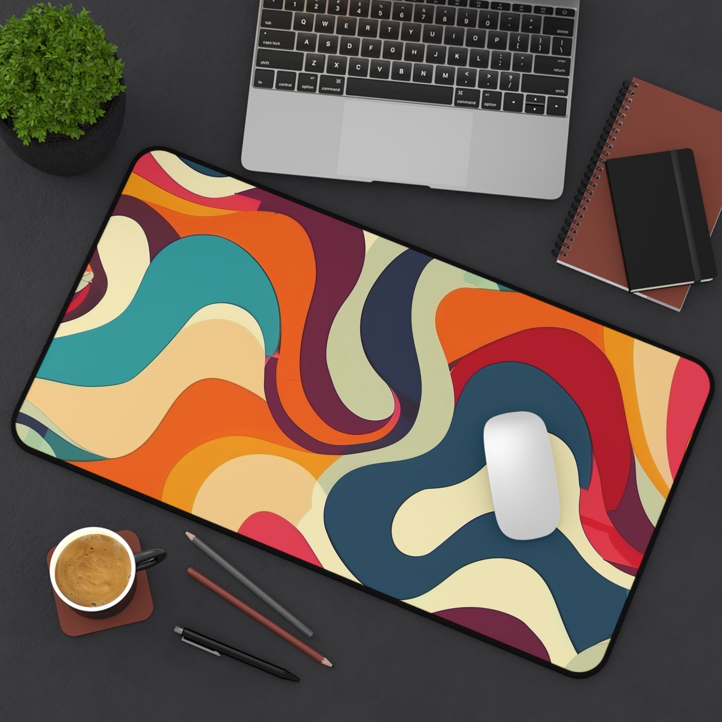 "Vibrant Retro Waves Desk Mat for Stylish Workspace Protection"