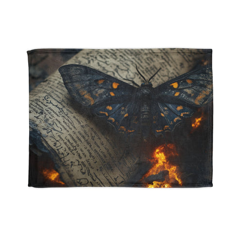 Lava Moth Resting on Burning Scroll — Plush Fleece Throw Blanket — Full Flat Artwork View