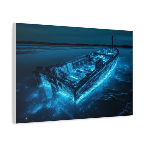 Sunken Ship Glowing with Bioluminescence — Canvas Wall Art — Side Profile & Stretched Corner Detail