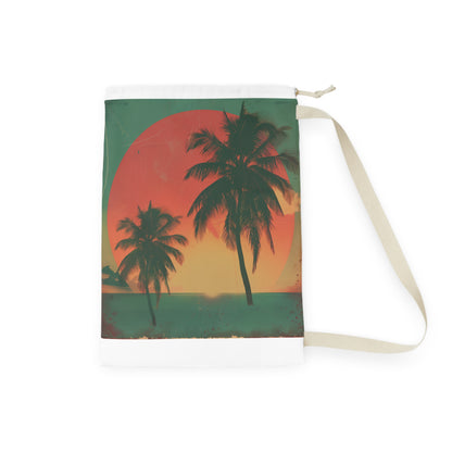 "Retro sunset palm tree print laundry bag for stylish laundry storage"