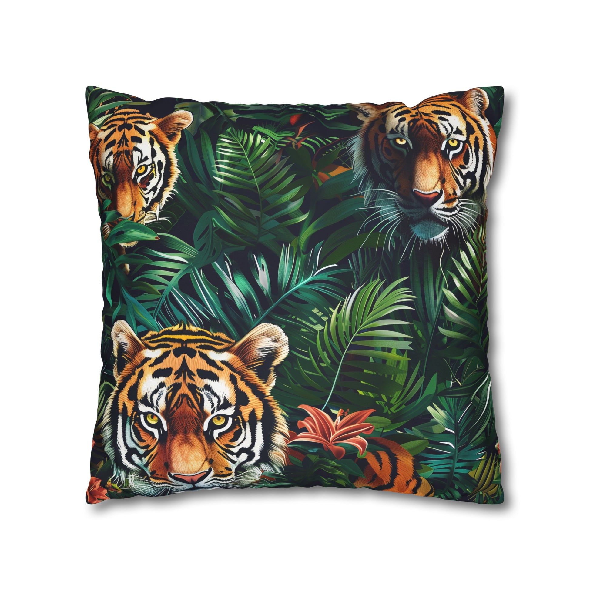 "Transform your bedroom with Tiger Safari Pillow Case - Jungle pattern with majestic tigers in lush green foliage"