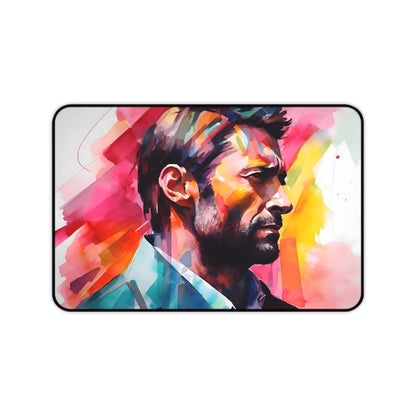 "Vibrant Hugh Jackman watercolor neon desk mat, elevate workspace with pop of color"