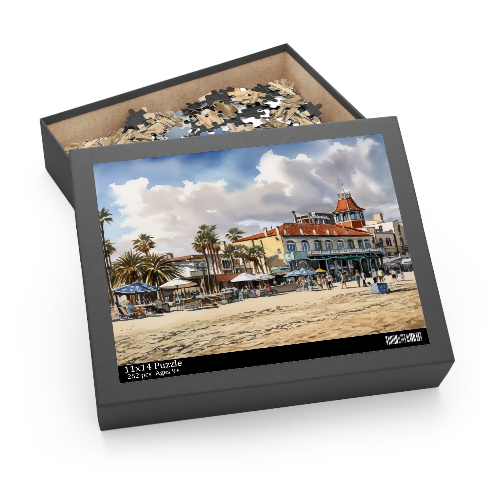 Colorful Venice Beach jigsaw puzzle with iconic beachfront scene, palm trees, and vibrant buildings. Perfect indoor escape.